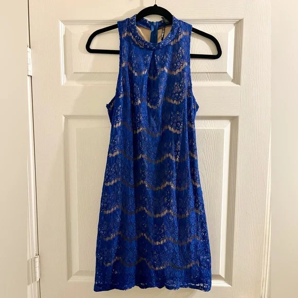 blue and tan lace dress Luscian Mini Dress in Lace Chocolate with Blue Binding , Plunge Neckline main image 1